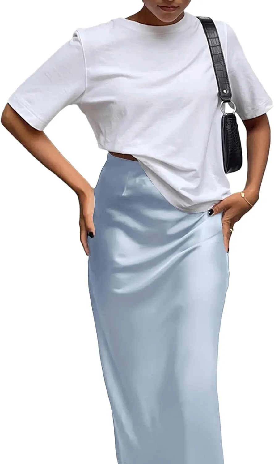 Vrtige Women's Elegant Satin Silky High Waist Zipper Flowy A Line Maxi Long Skirt
