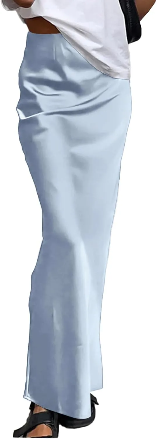 Vrtige Women's Elegant Satin Silky High Waist Zipper Flowy A Line Maxi Long Skirt