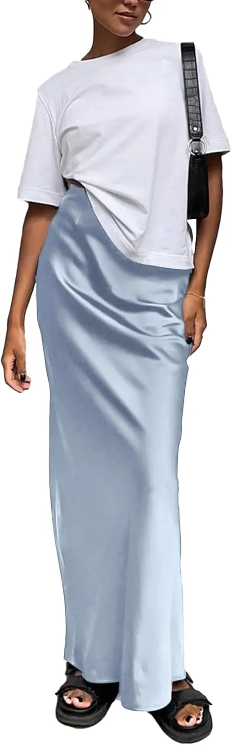 Vrtige Women's Elegant Satin Silky High Waist Zipper Flowy A Line Maxi Long Skirt