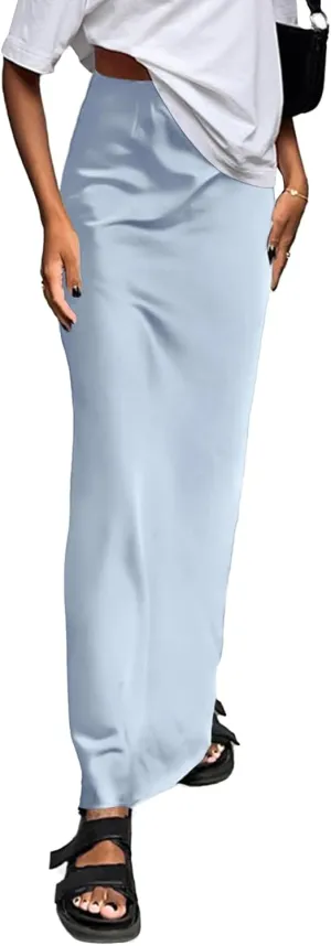Vrtige Women's Elegant Satin Silky High Waist Zipper Flowy A Line Maxi Long Skirt