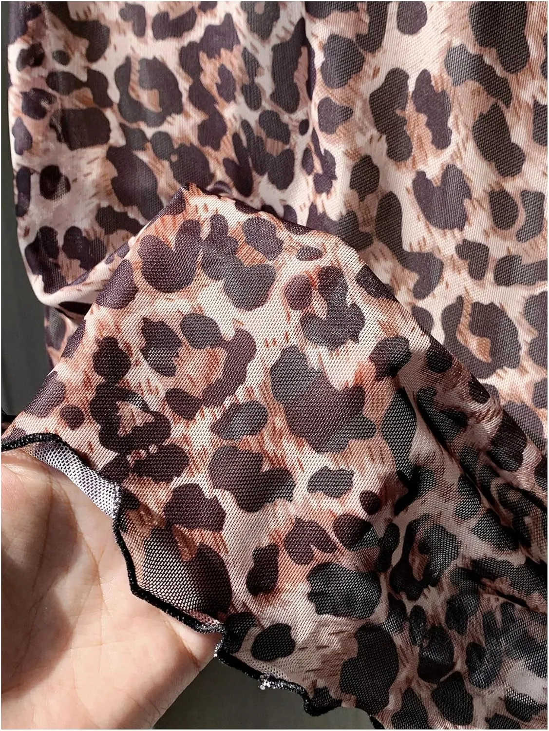 WDIRARA Women's Leopard Print Mesh Ruched A Line Skirts Lettuce Trim Mini Skirts