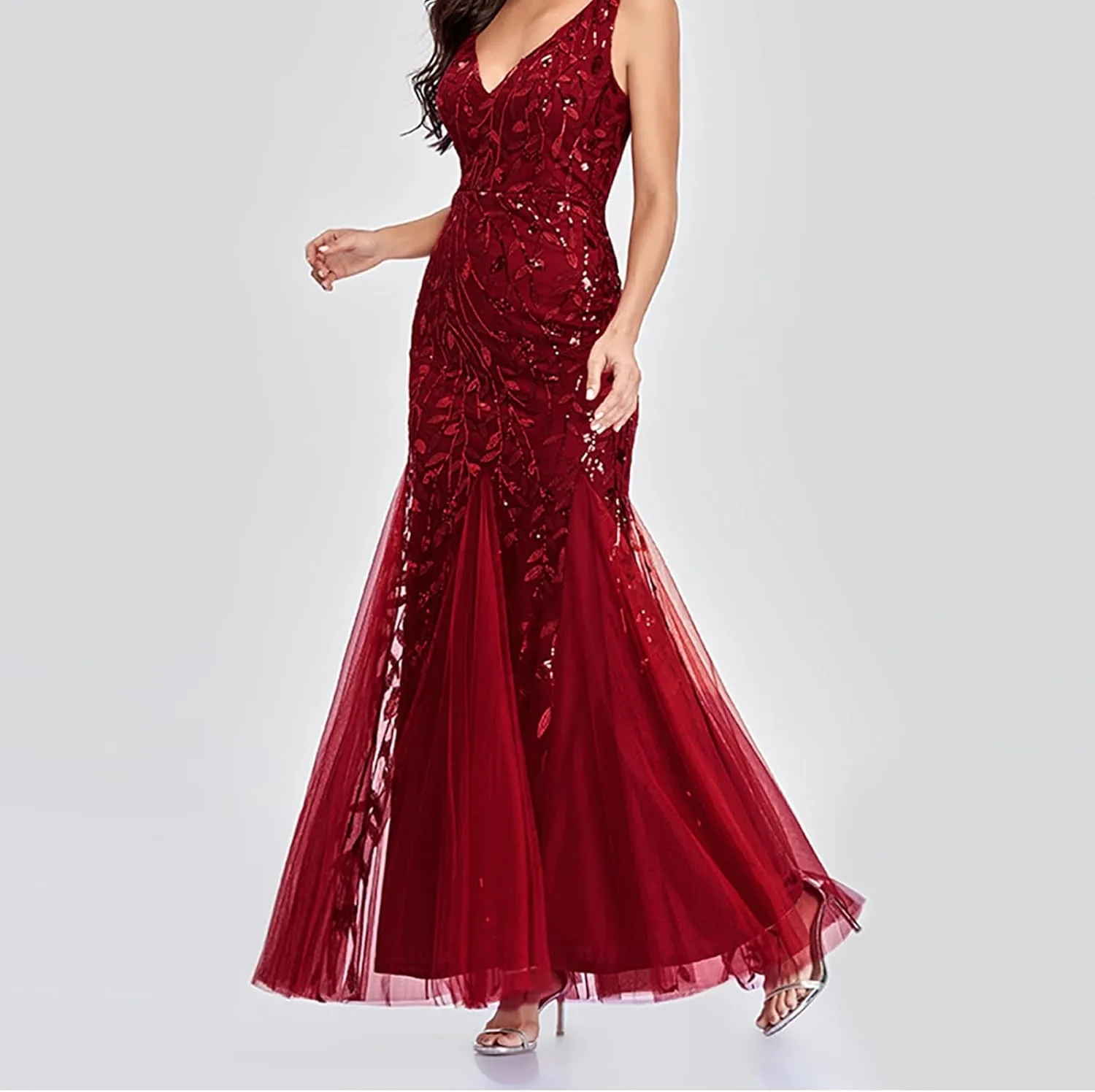Wedding Guest Dress Women Glitter Sequin Chiffon Dress Elegant V-Neck Mermaid Bodycon Maxi Evening Party Formal Gowns