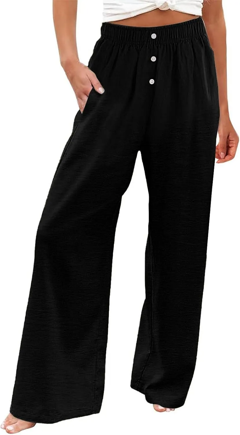 Wide Leg Linen Pants for Women Elastic High Waisted Palazzo Pants Casual Summer Pants Loose Boho Flowy Beach Pants