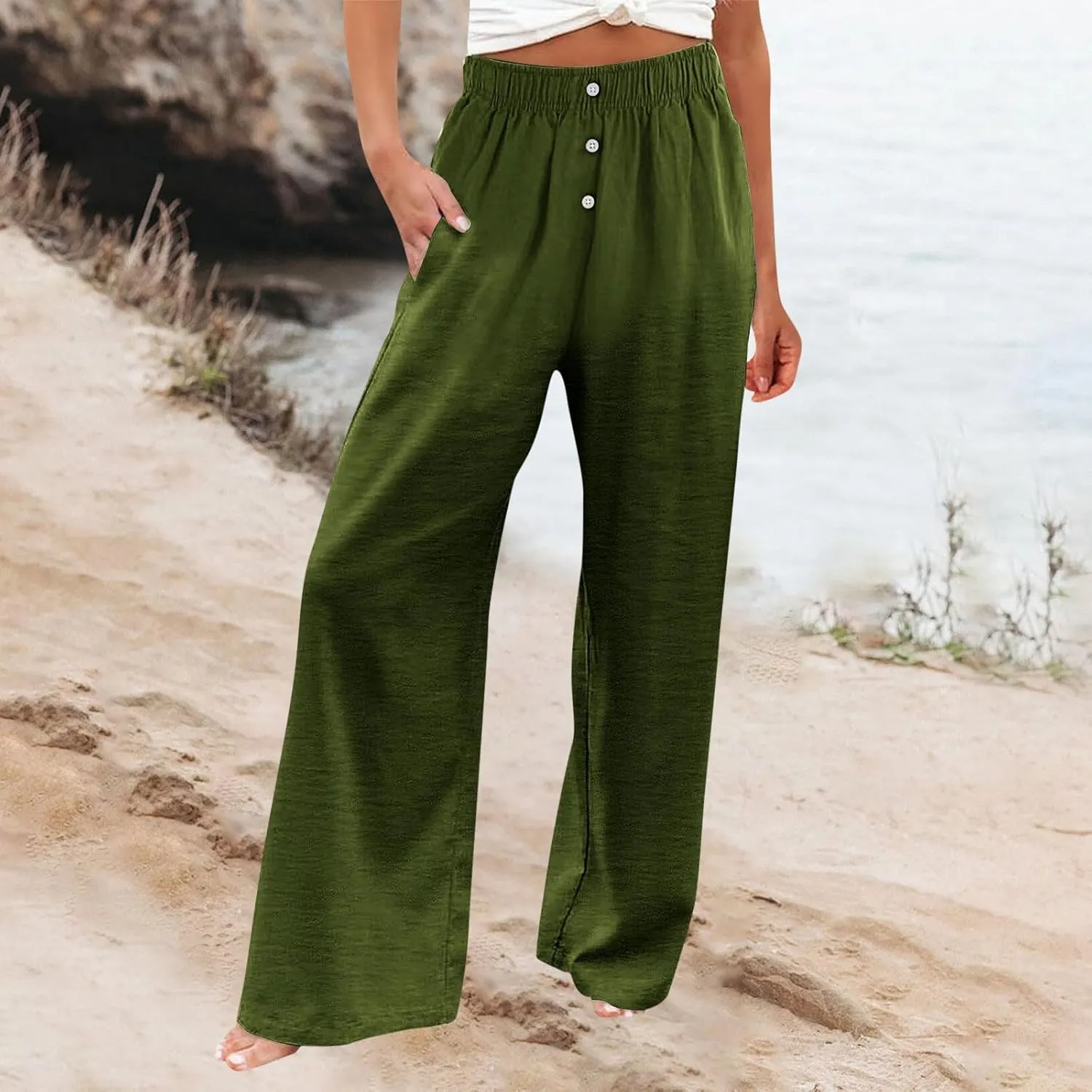 Wide Leg Linen Pants for Women Elastic High Waisted Palazzo Pants Casual Summer Pants Loose Boho Flowy Beach Pants