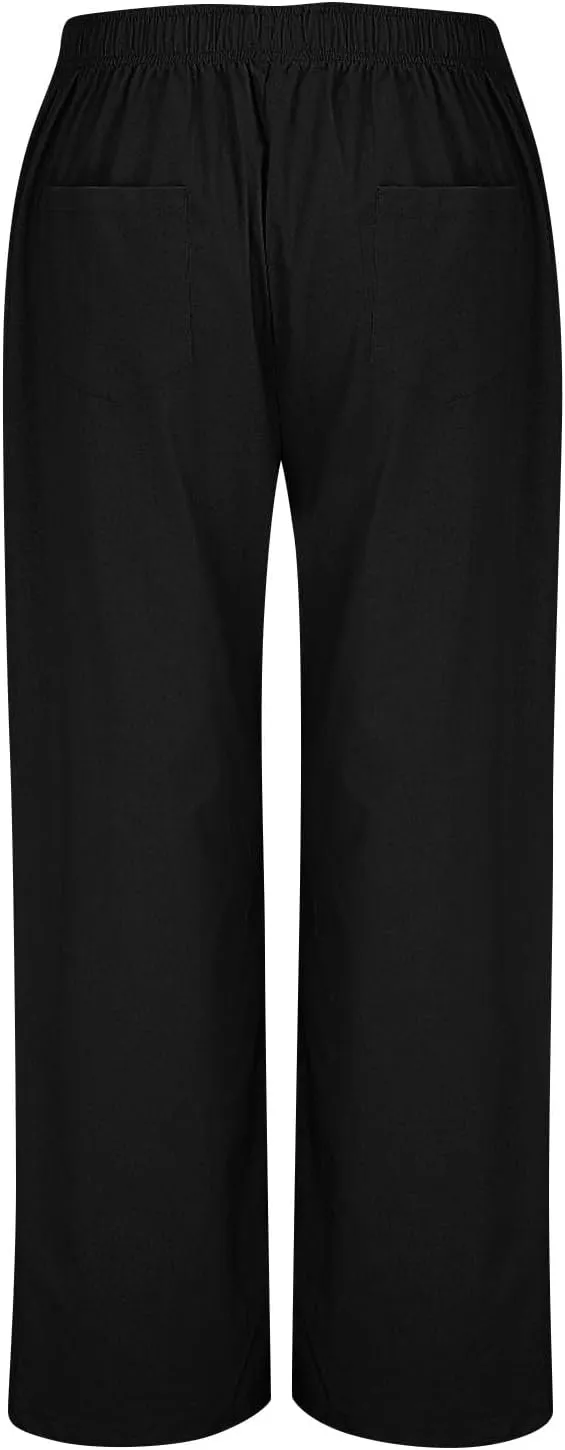 Wide Leg Linen Pants for Women Elastic High Waisted Palazzo Pants Casual Summer Pants Loose Boho Flowy Beach Pants