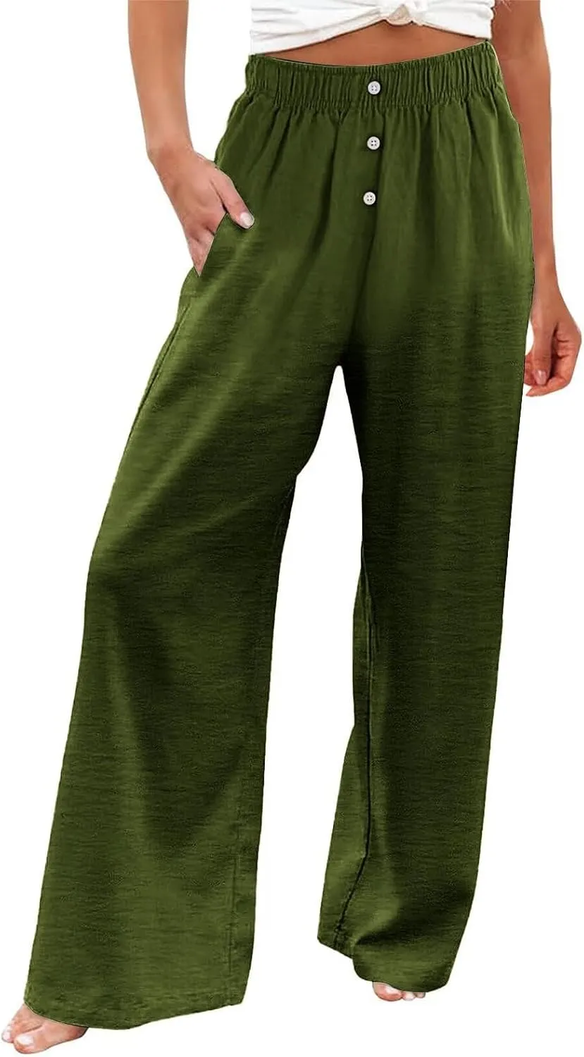 Wide Leg Linen Pants for Women Elastic High Waisted Palazzo Pants Casual Summer Pants Loose Boho Flowy Beach Pants