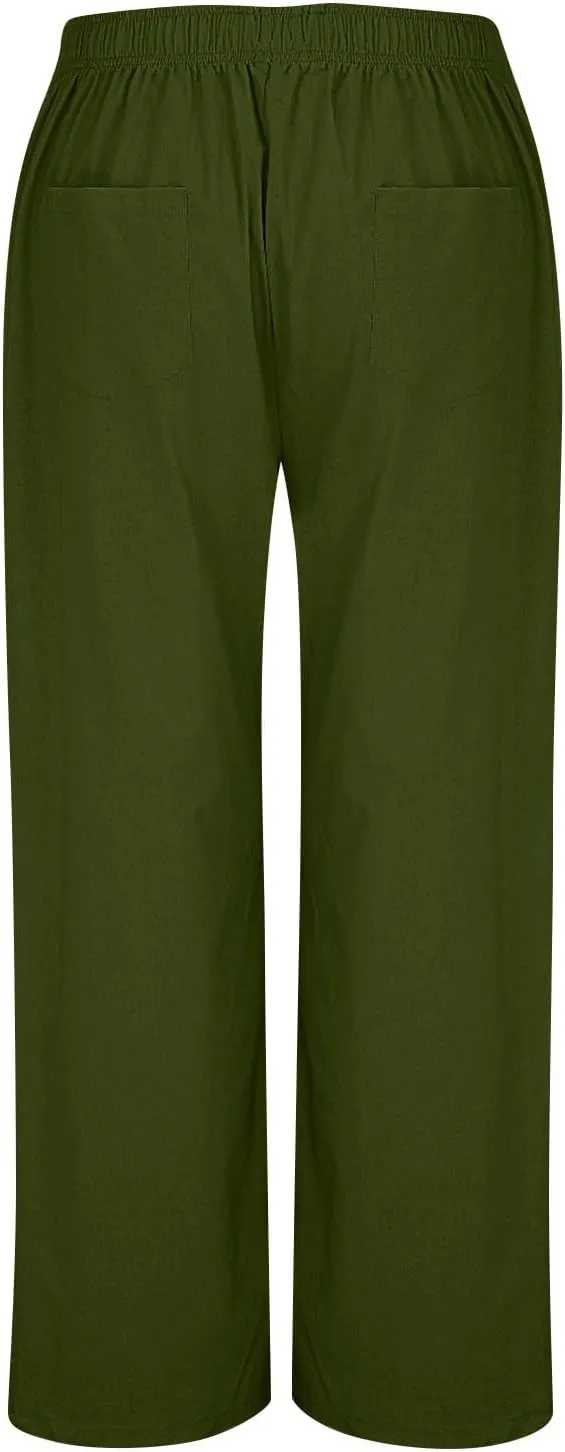 Wide Leg Linen Pants for Women Elastic High Waisted Palazzo Pants Casual Summer Pants Loose Boho Flowy Beach Pants