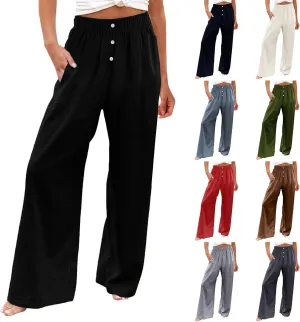 Wide Leg Linen Pants for Women Elastic High Waisted Palazzo Pants Casual Summer Pants Loose Boho Flowy Beach Pants