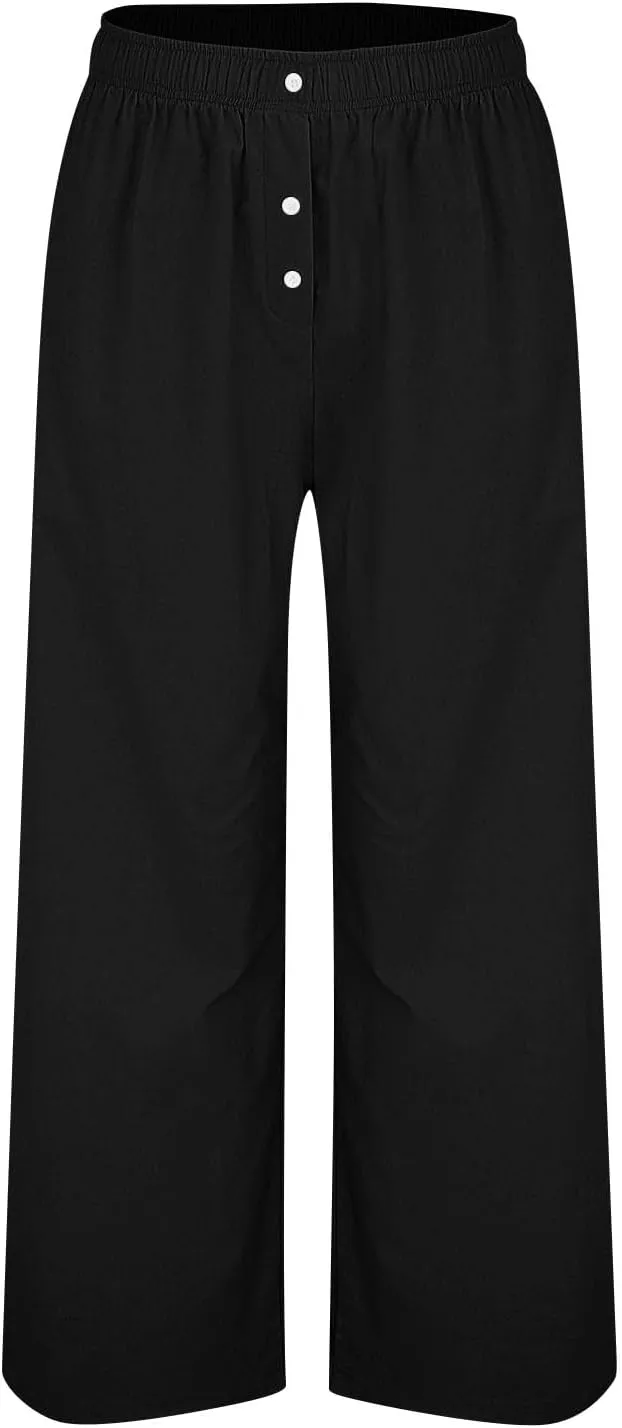 Wide Leg Linen Pants for Women Elastic High Waisted Palazzo Pants Casual Summer Pants Loose Boho Flowy Beach Pants