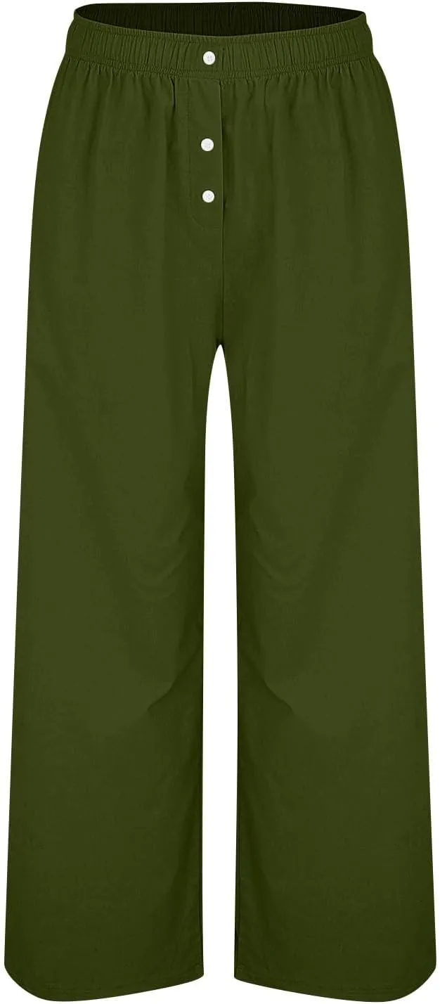 Wide Leg Linen Pants for Women Elastic High Waisted Palazzo Pants Casual Summer Pants Loose Boho Flowy Beach Pants