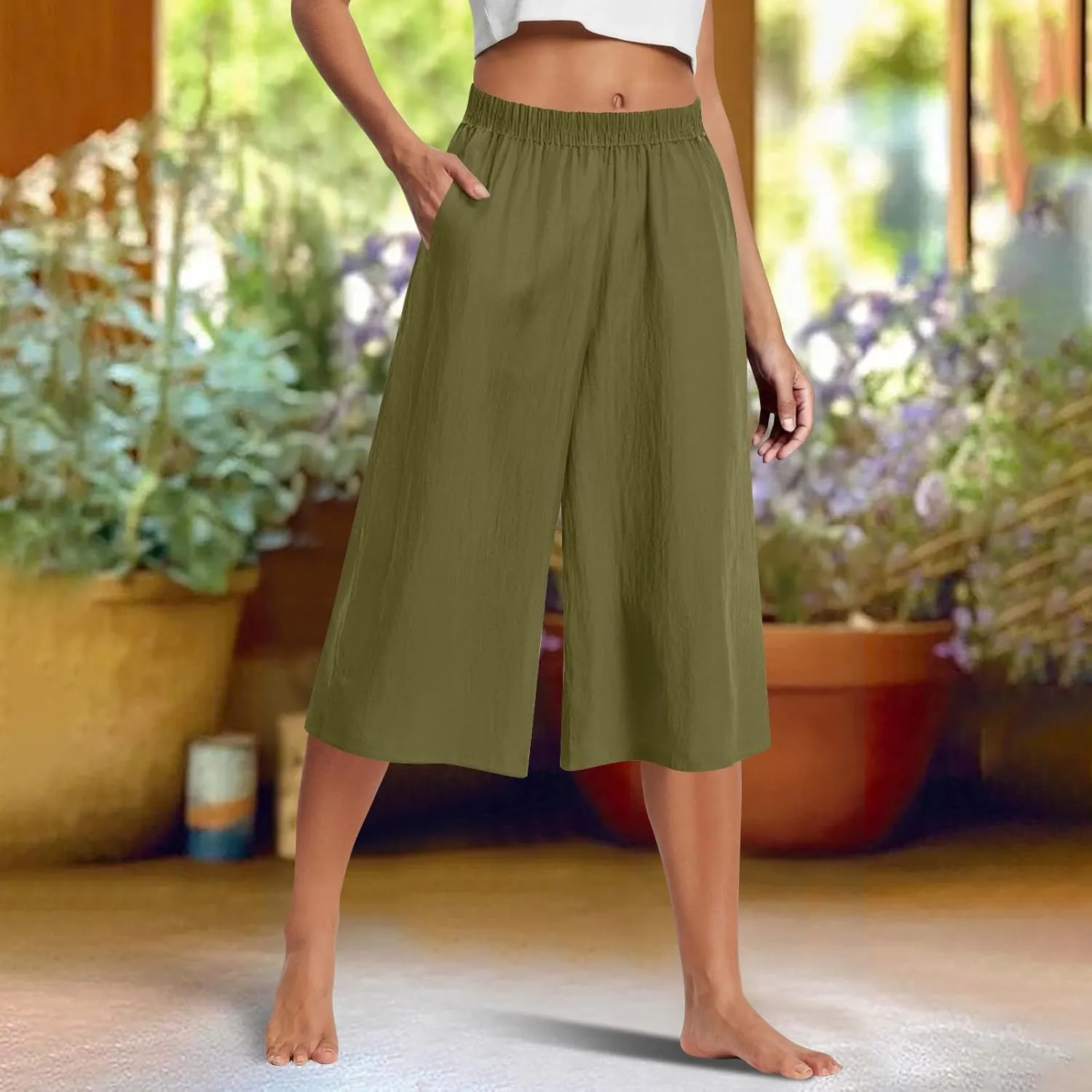 Wide Leg Linen Pants for Women Plus Size Summer Dressy Casual Capri Pants Summer Baggy Beach Cropped Trousers 2025