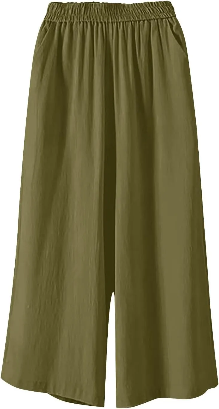 Wide Leg Linen Pants for Women Plus Size Summer Dressy Casual Capri Pants Summer Baggy Beach Cropped Trousers 2025