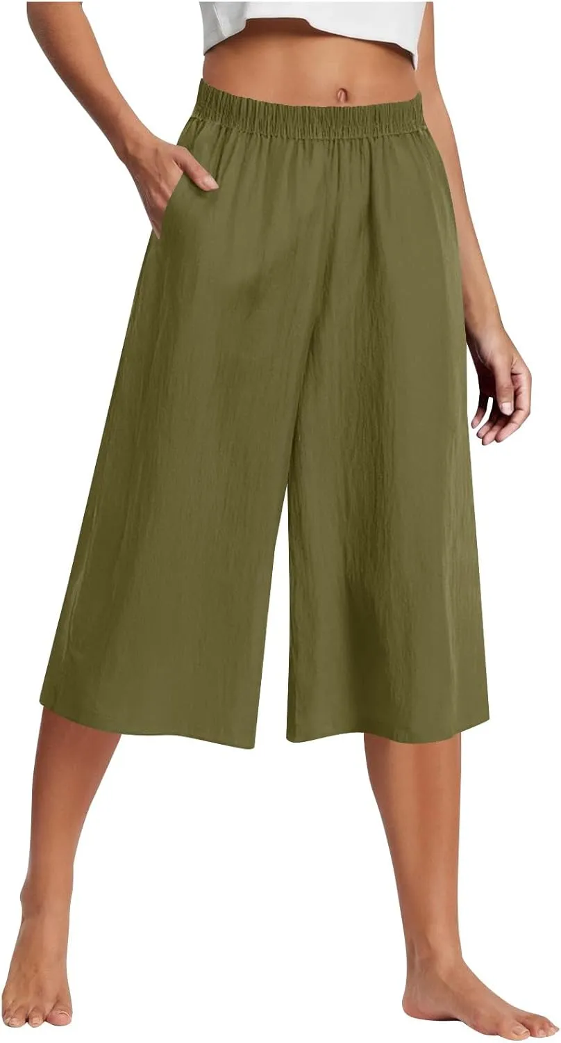 Wide Leg Linen Pants for Women Plus Size Summer Dressy Casual Capri Pants Summer Baggy Beach Cropped Trousers 2025