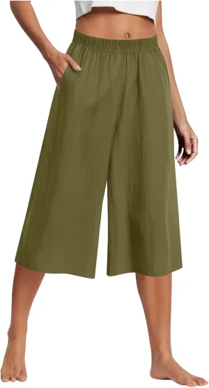 Wide Leg Linen Pants for Women Plus Size Summer Dressy Casual Capri Pants Summer Baggy Beach Cropped Trousers 2025