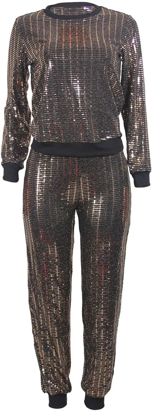 WOKANSE Women's Sequin Glitter Long Sleeve Sweatshirts and Skinny Long Pants Two Piece Outfits
