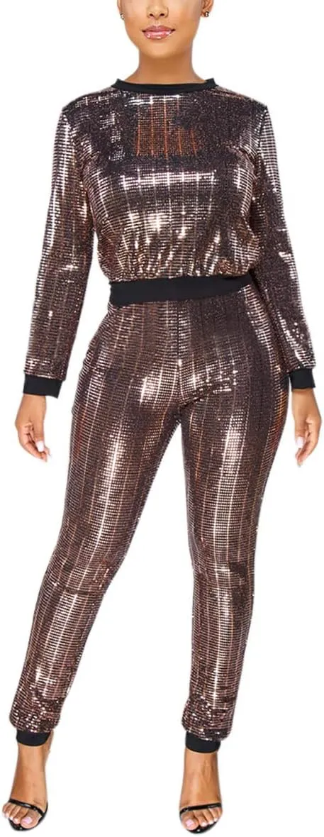 WOKANSE Women's Sequin Glitter Long Sleeve Sweatshirts and Skinny Long Pants Two Piece Outfits