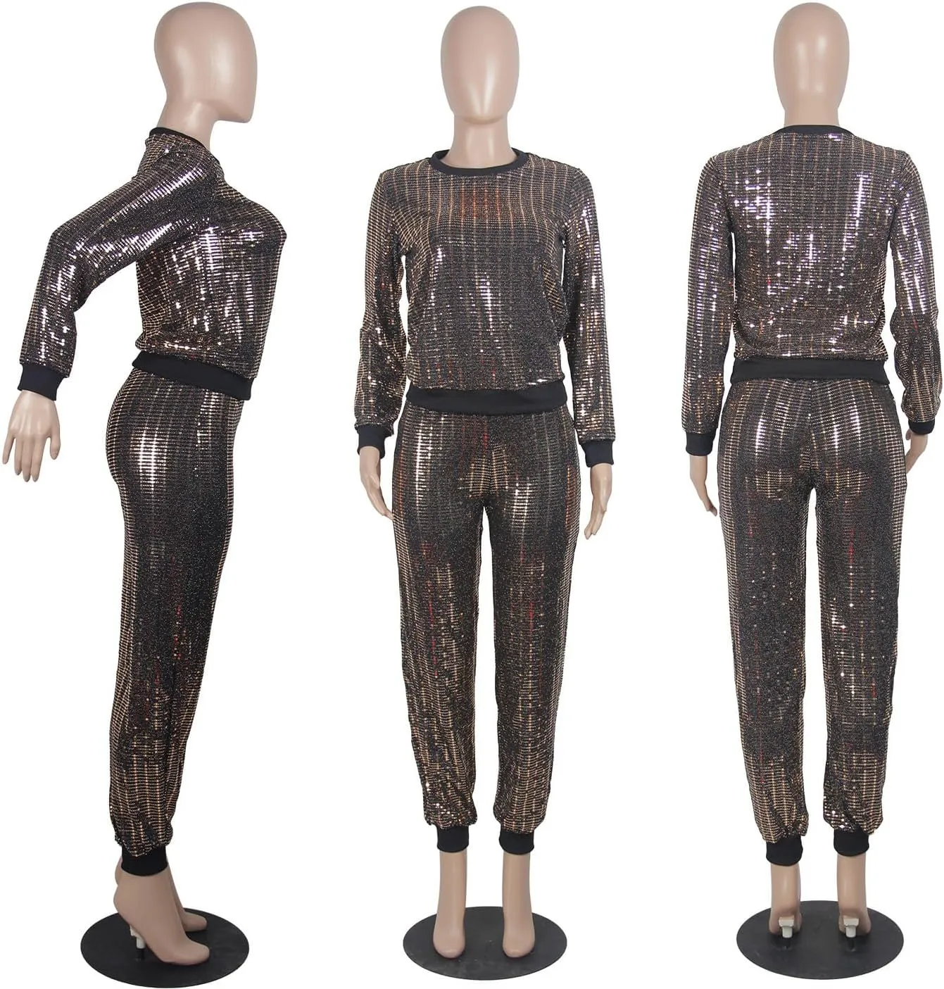 WOKANSE Women's Sequin Glitter Long Sleeve Sweatshirts and Skinny Long Pants Two Piece Outfits