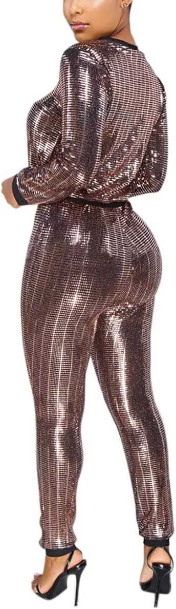 WOKANSE Women's Sequin Glitter Long Sleeve Sweatshirts and Skinny Long Pants Two Piece Outfits