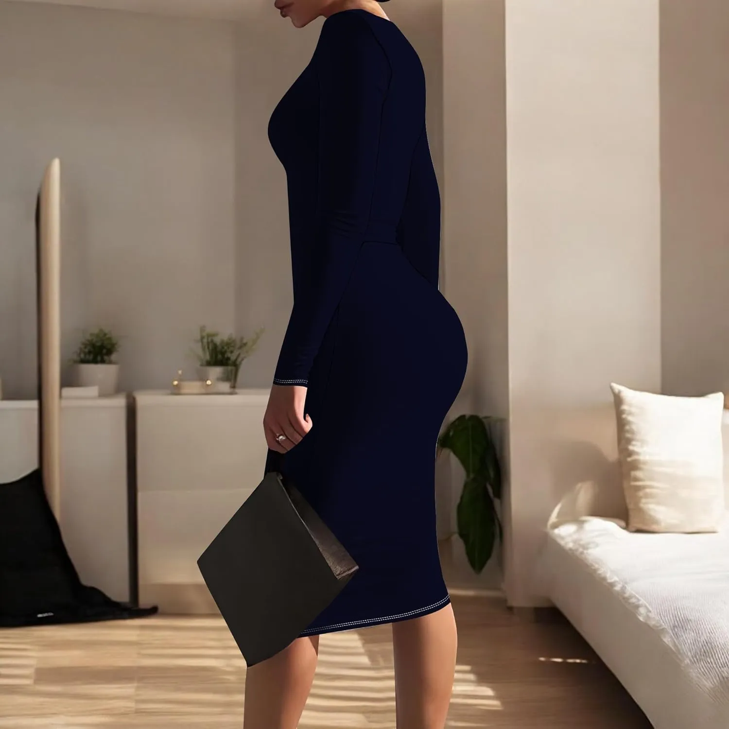 Women Bodycon Long Sleeve Dress Casual Crewneck Slim Fit Elegant Empire Waist Basic Midi Tank Short Party Club Dress