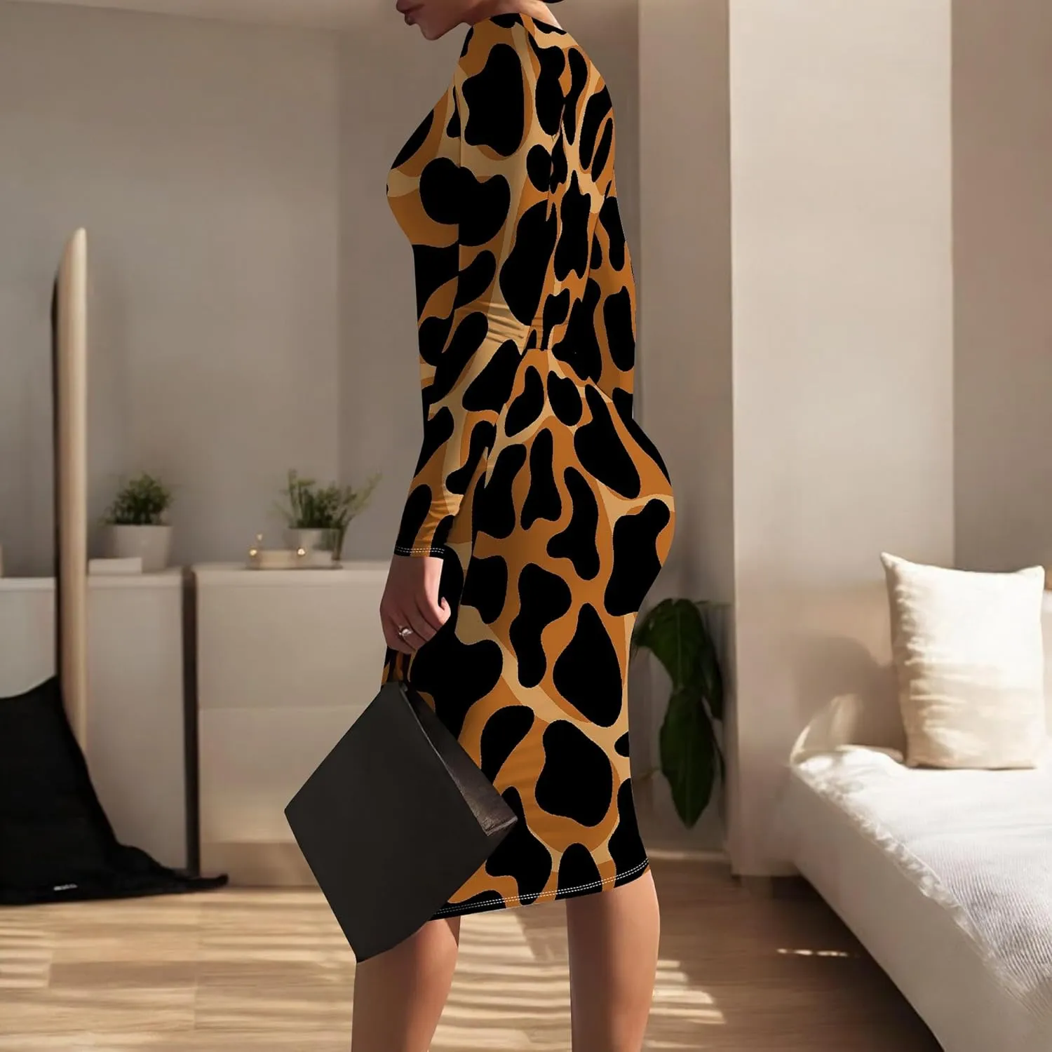 Women Bodycon Long Sleeve Dress Casual Crewneck Slim Fit Elegant Empire Waist Basic Midi Tank Short Party Club Dress