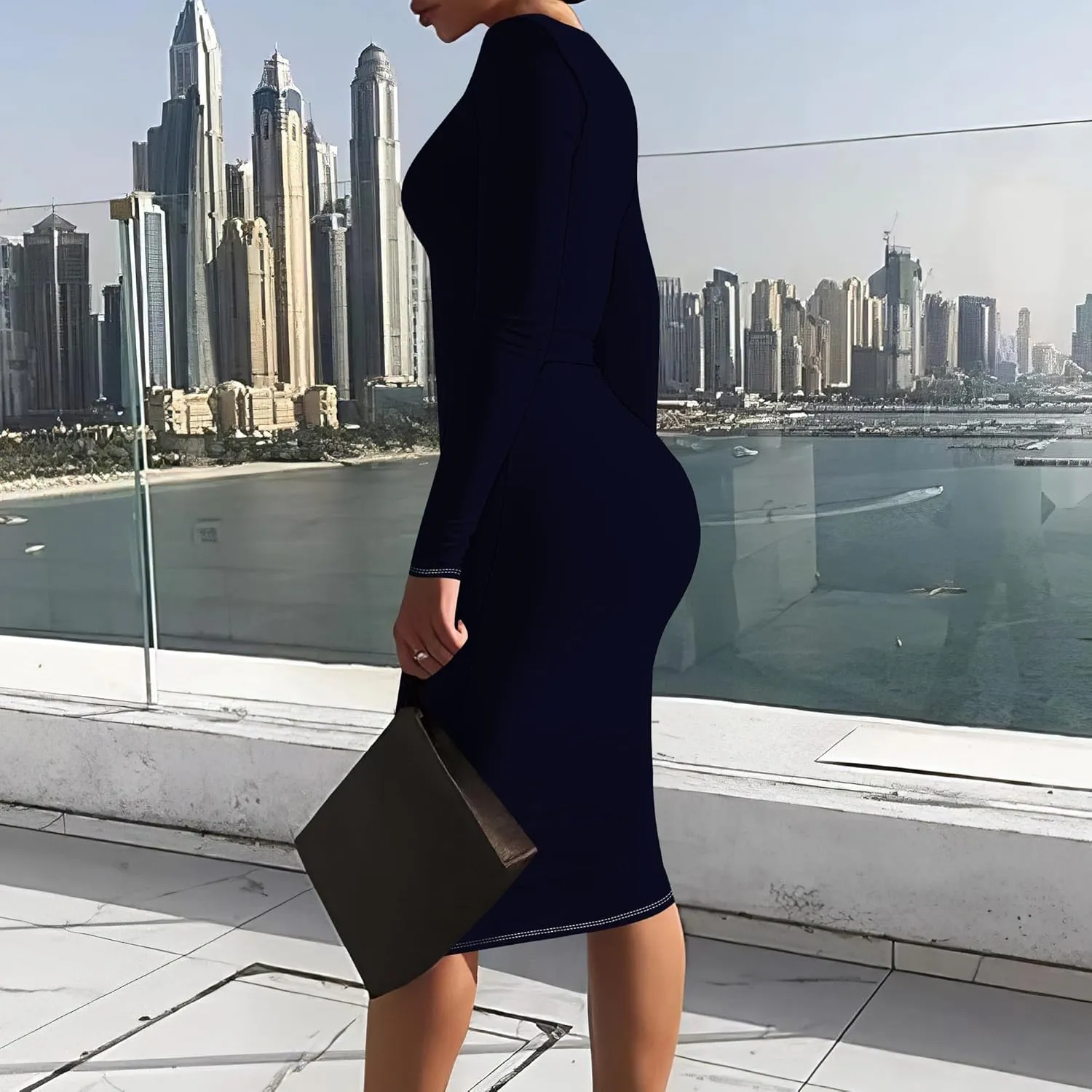 Women Bodycon Long Sleeve Dress Casual Crewneck Slim Fit Elegant Empire Waist Basic Midi Tank Short Party Club Dress
