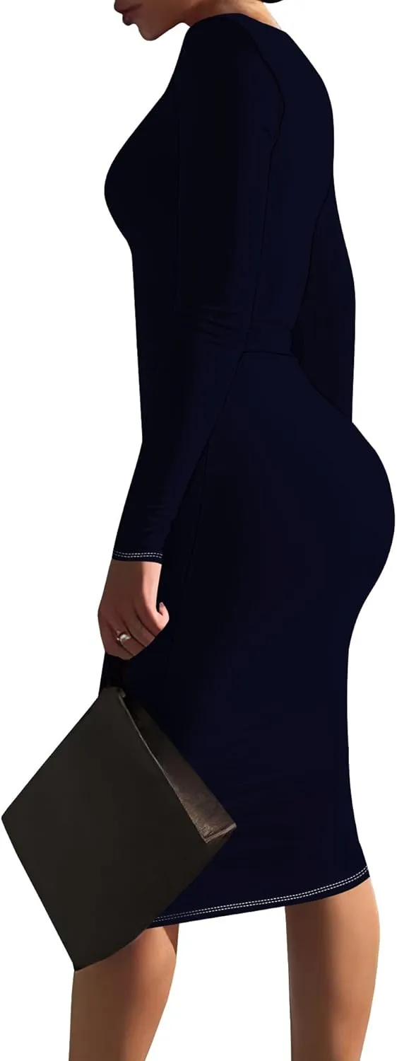 Women Bodycon Long Sleeve Dress Casual Crewneck Slim Fit Elegant Empire Waist Basic Midi Tank Short Party Club Dress