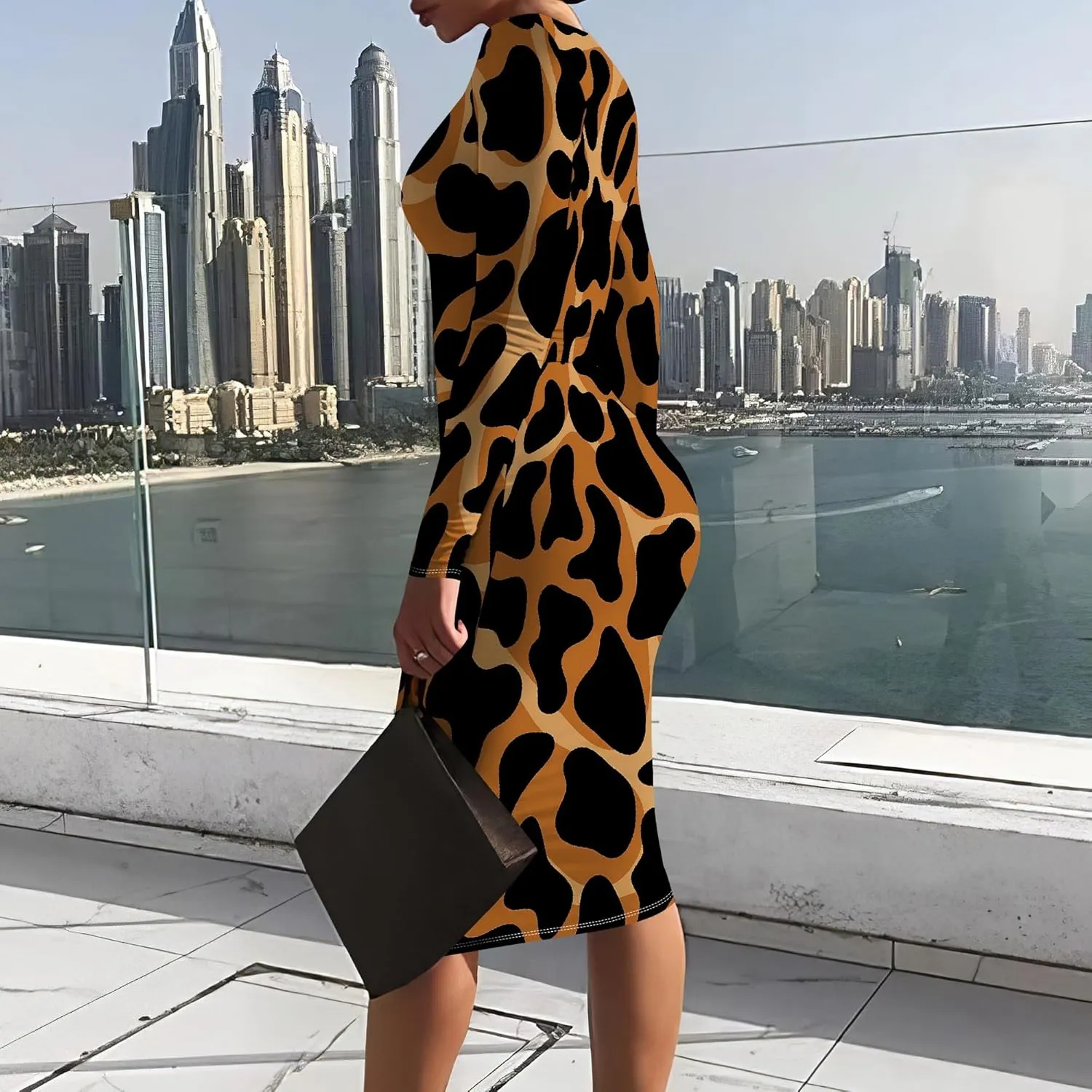 Women Bodycon Long Sleeve Dress Casual Crewneck Slim Fit Elegant Empire Waist Basic Midi Tank Short Party Club Dress