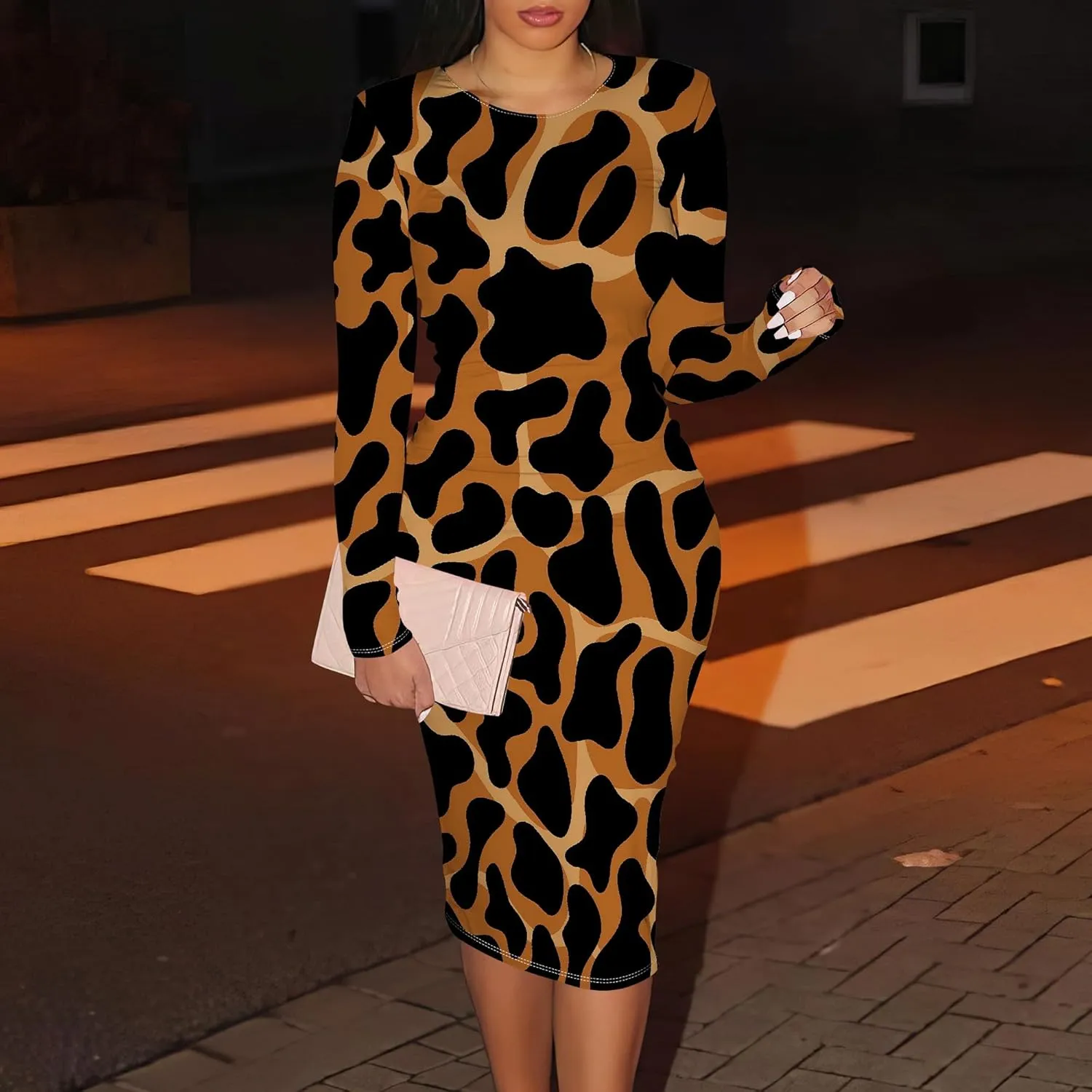 Women Bodycon Long Sleeve Dress Casual Crewneck Slim Fit Elegant Empire Waist Basic Midi Tank Short Party Club Dress