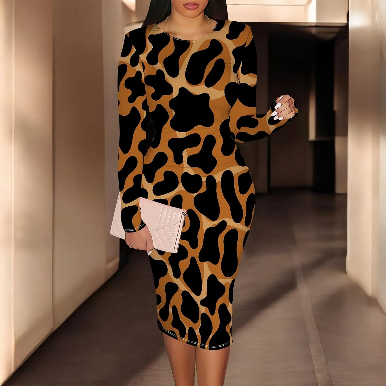 Women Bodycon Long Sleeve Dress Casual Crewneck Slim Fit Elegant Empire Waist Basic Midi Tank Short Party Club Dress