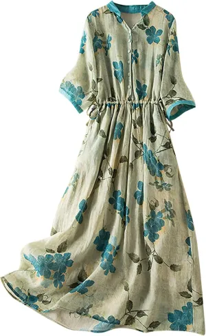 Women Cotton Linen Korean Style Fashion A-Line Dresses Summer Half Sleeve Lace-Up Waist-Defined Floral Casual Dress
