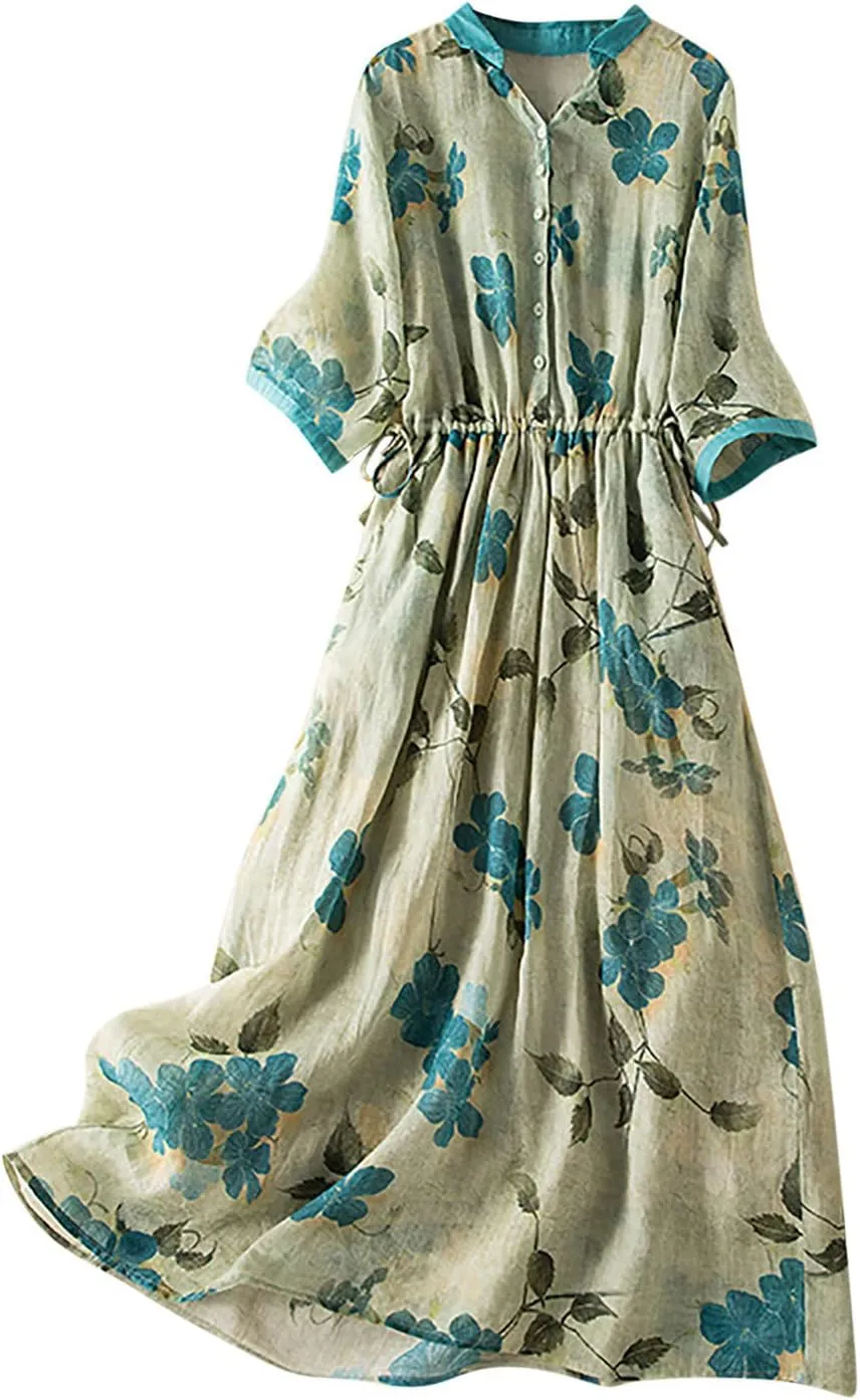Women Cotton Linen Korean Style Fashion A-Line Dresses Summer Half Sleeve Lace-Up Waist-Defined Floral Casual Dress