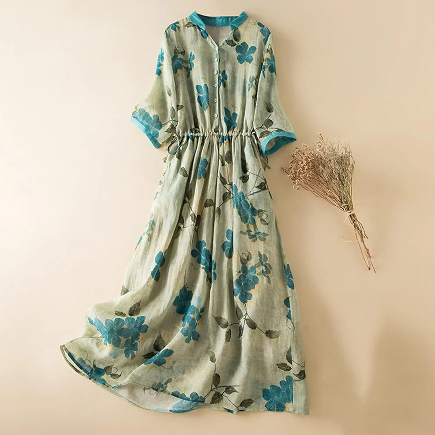 Women Cotton Linen Korean Style Fashion A-Line Dresses Summer Half Sleeve Lace-Up Waist-Defined Floral Casual Dress
