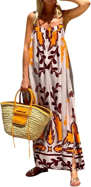 Women Cute Print Maxi Cami Dress Loose Sleeveless Spaghetti Strap Boho Dress Flowy Graffiti Long Aline Sun Dress