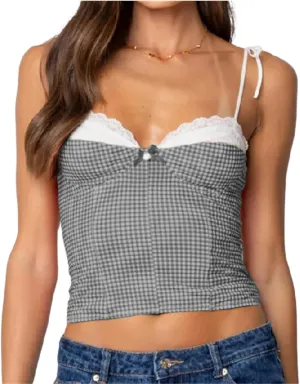 Women Lace Trim Plaid Cami Shoulder Tie Up Bustier Slim Fit Crop Camisoles Going Out Sleeveless Tank Tops Streetwear