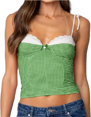 Women Lace Trim Plaid Cami Shoulder Tie Up Bustier Slim Fit Crop Camisoles Going Out Sleeveless Tank Tops Streetwear
