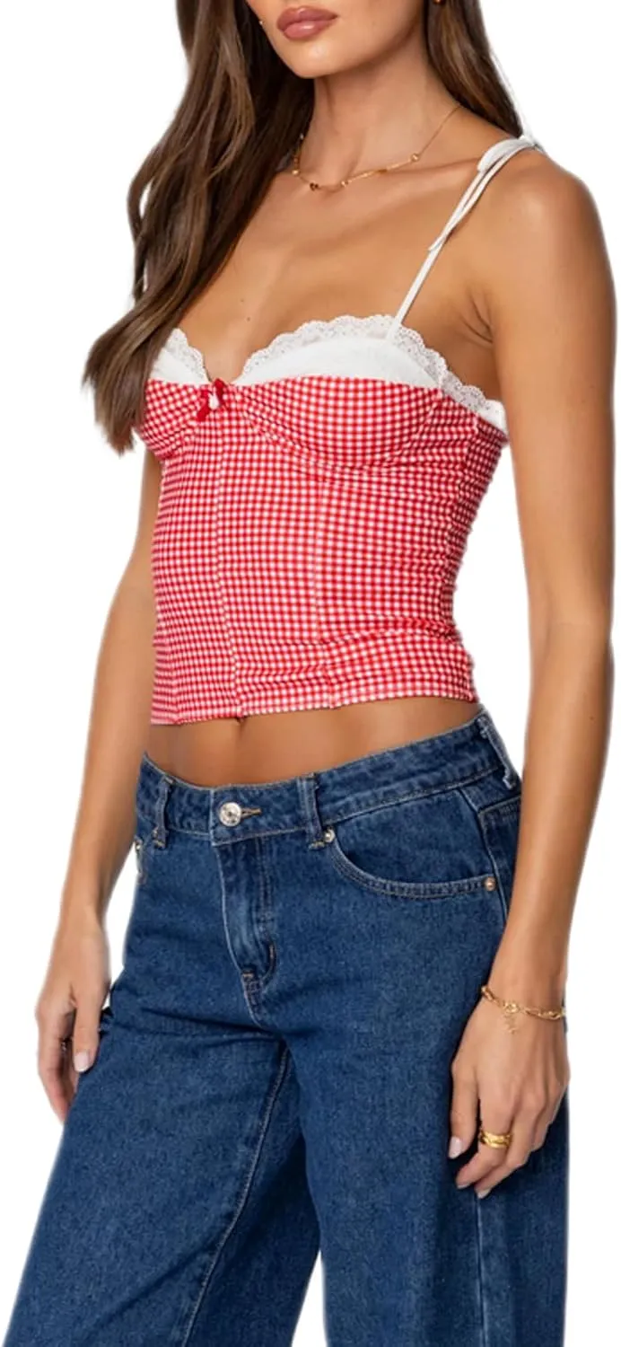 Women Lace Trim Plaid Cami Shoulder Tie Up Bustier Slim Fit Crop Camisoles Going Out Sleeveless Tank Tops Streetwear