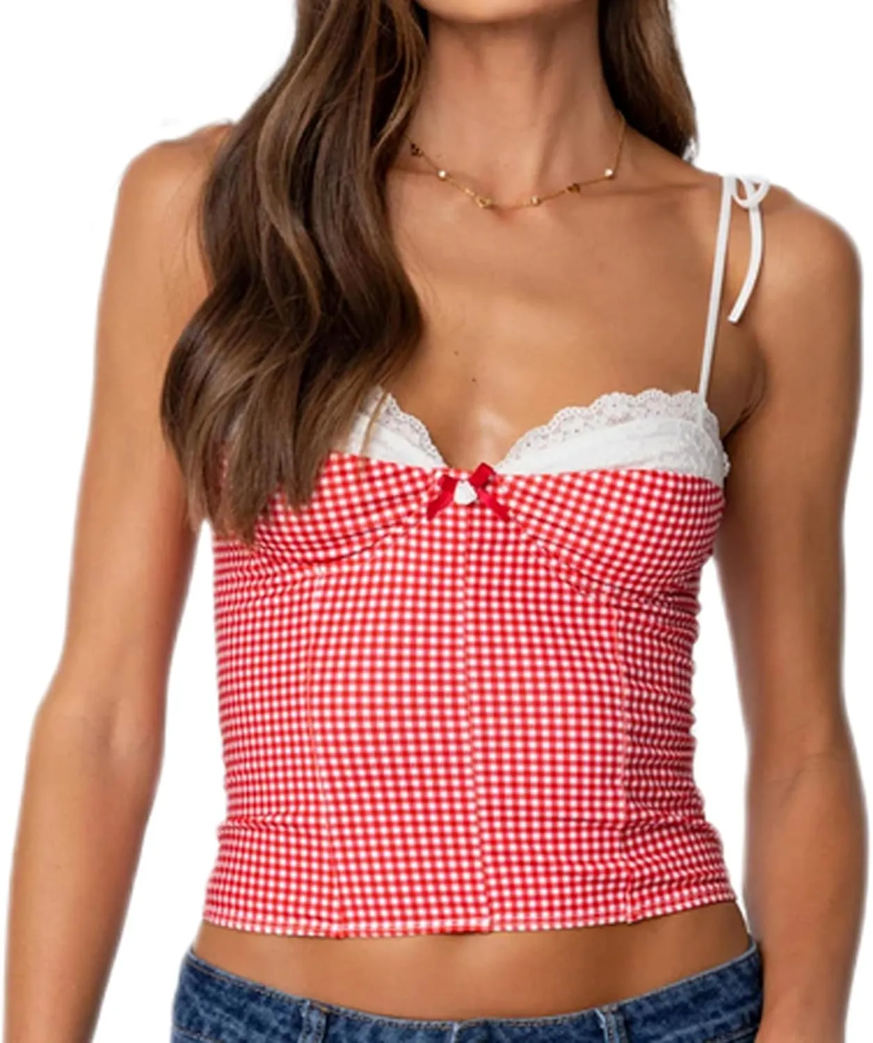 Women Lace Trim Plaid Cami Shoulder Tie Up Bustier Slim Fit Crop Camisoles Going Out Sleeveless Tank Tops Streetwear