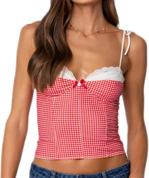 Women Lace Trim Plaid Cami Shoulder Tie Up Bustier Slim Fit Crop Camisoles Going Out Sleeveless Tank Tops Streetwear