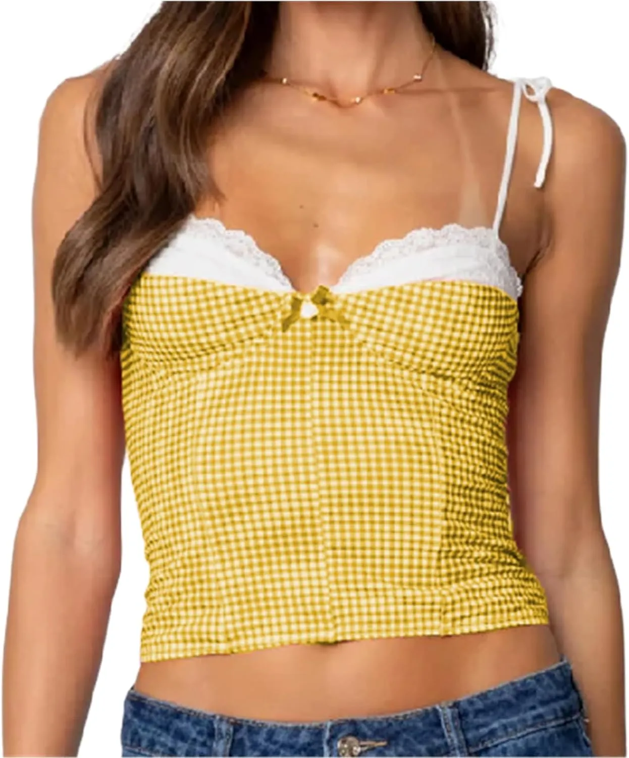 Women Lace Trim Plaid Cami Shoulder Tie Up Bustier Slim Fit Crop Camisoles Going Out Sleeveless Tank Tops Streetwear