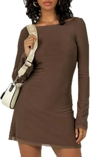 Women Long Sleeve Mini Dress Sexy Boat Neck Mesh Bell Sleeve Self Tie Back Sheer Backless Bodycon Y2k Short Dresses