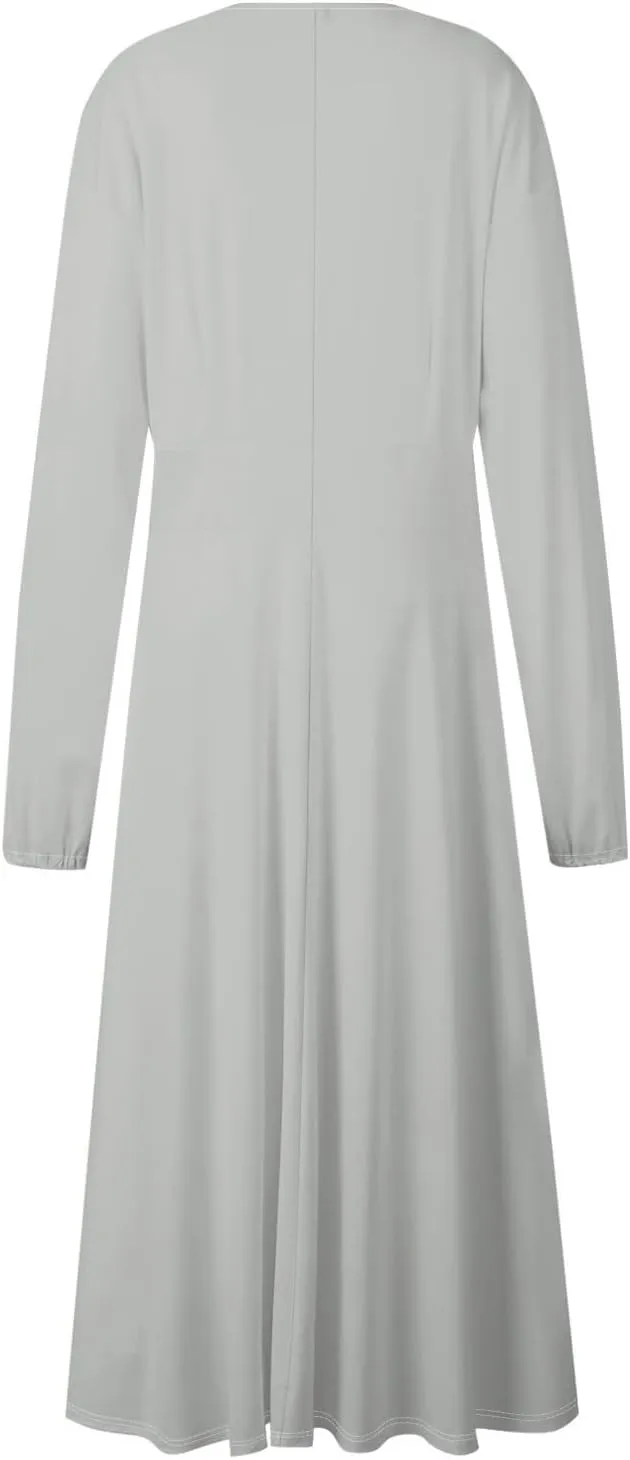 Women Midi Dress Casual 2025 A-Line High Waist V Neck Ruffle Belted Boho Dresses Long Sleeve Pleated Flowy Dressy Dresses