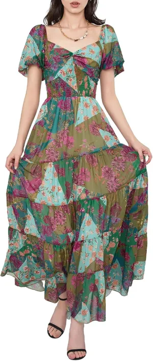 Women Short Puff Sleeve Flowy Maxi Dress Sweetheart Neck Floral Boho Dress Beach Vacation Sundresses