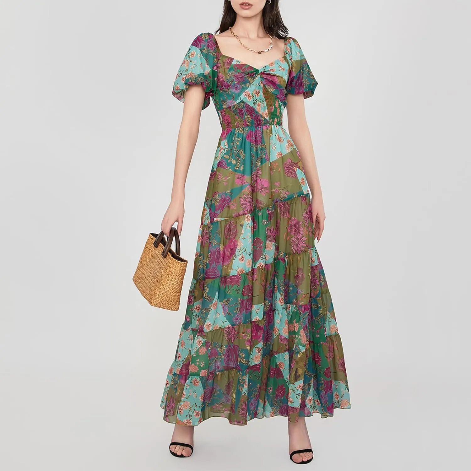 Women Short Puff Sleeve Flowy Maxi Dress Sweetheart Neck Floral Boho Dress Beach Vacation Sundresses