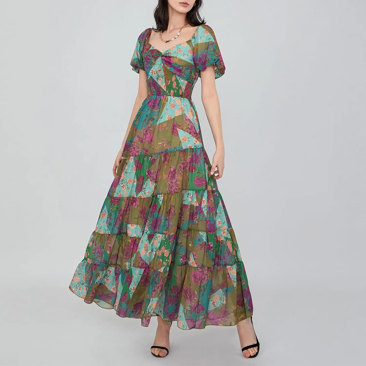 Women Short Puff Sleeve Flowy Maxi Dress Sweetheart Neck Floral Boho Dress Beach Vacation Sundresses