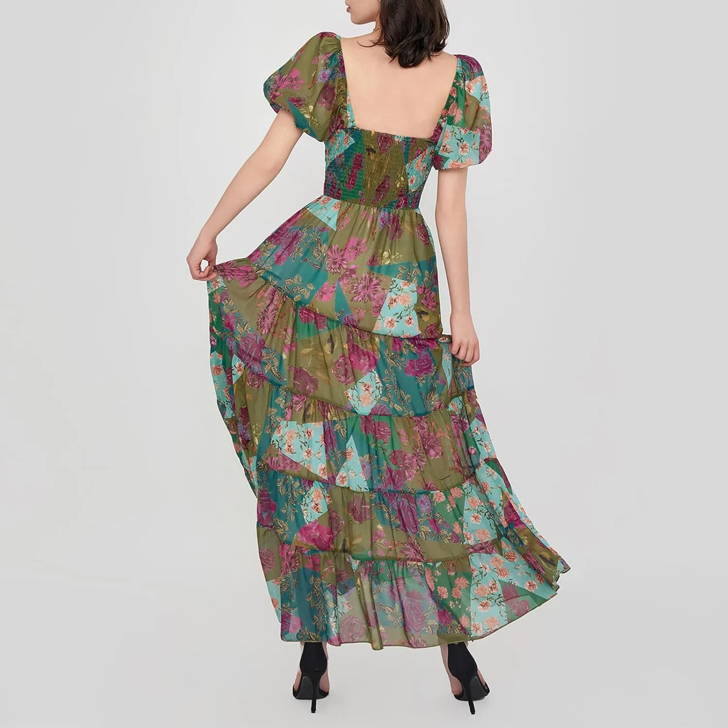 Women Short Puff Sleeve Flowy Maxi Dress Sweetheart Neck Floral Boho Dress Beach Vacation Sundresses
