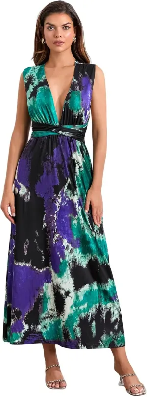 Women Sleeveless Floral Bohemian Tank Midi Dress Sexy Deep V Neck Backless Summer Casual Flowy Beach Sundress