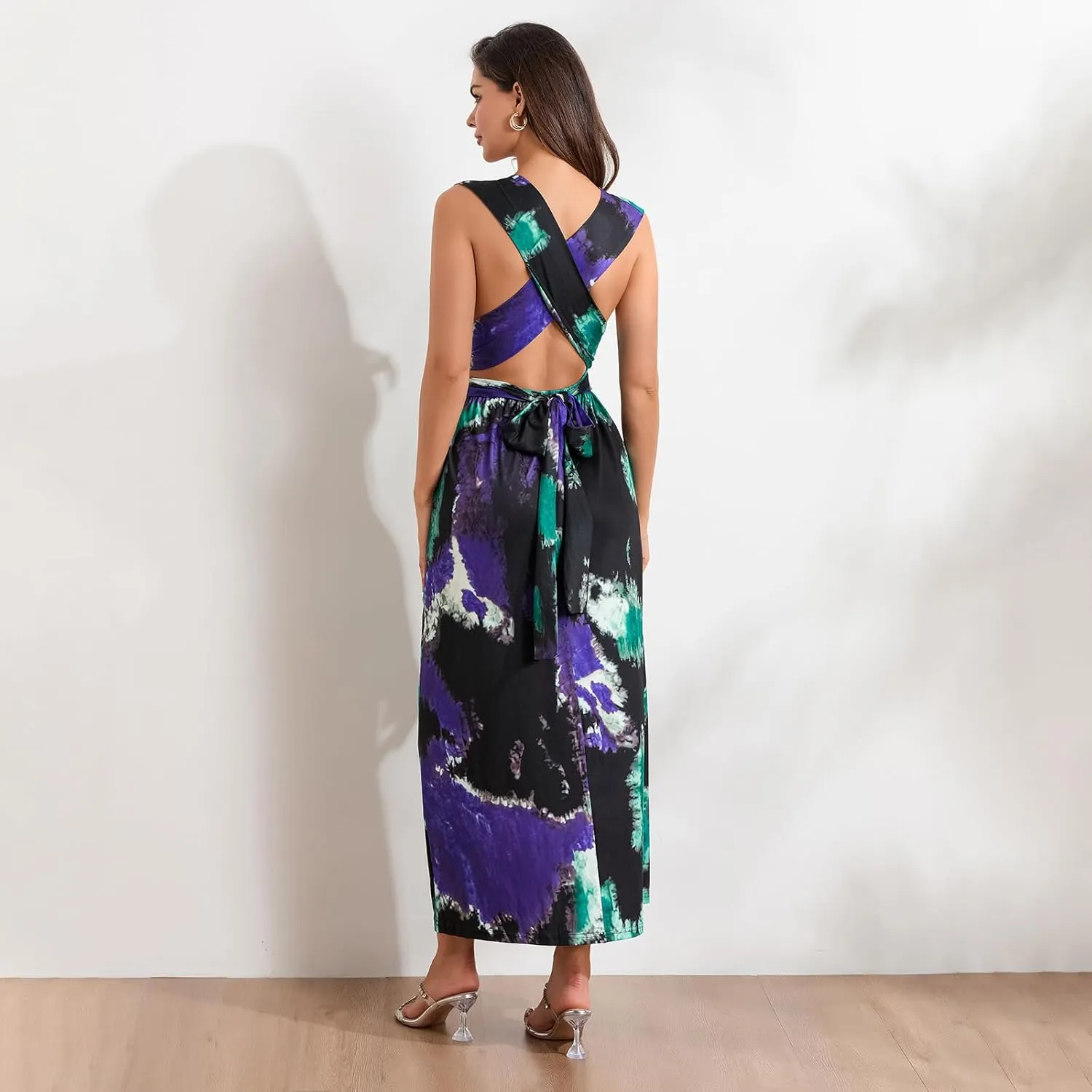 Women Sleeveless Floral Bohemian Tank Midi Dress Sexy Deep V Neck Backless Summer Casual Flowy Beach Sundress