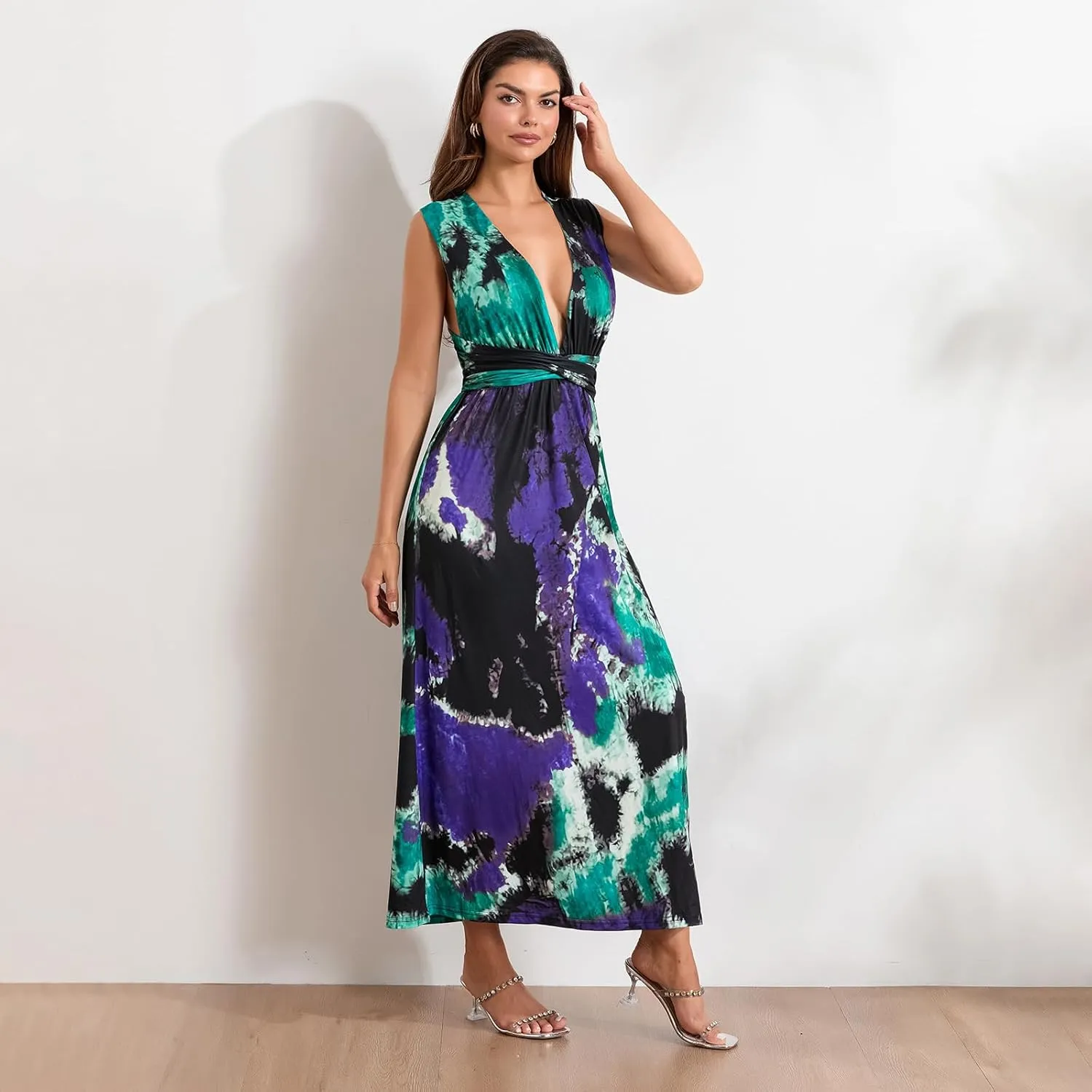 Women Sleeveless Floral Bohemian Tank Midi Dress Sexy Deep V Neck Backless Summer Casual Flowy Beach Sundress