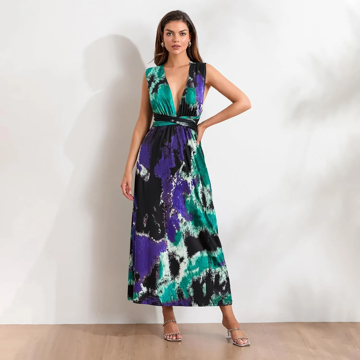 Women Sleeveless Floral Bohemian Tank Midi Dress Sexy Deep V Neck Backless Summer Casual Flowy Beach Sundress