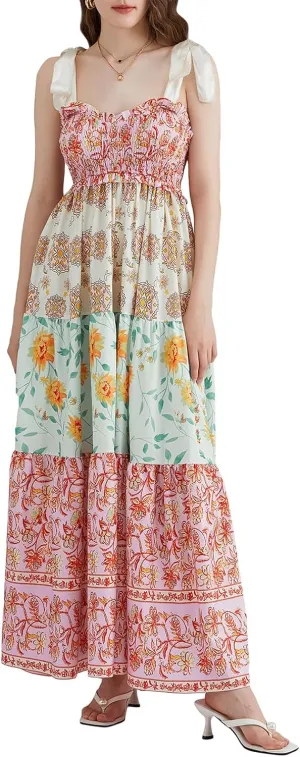 Women Summer Y2k Floral Maxi Dress Tie Shoulder Smocked Long Dress Tiered Flowy Swing A Line Beach Sundress